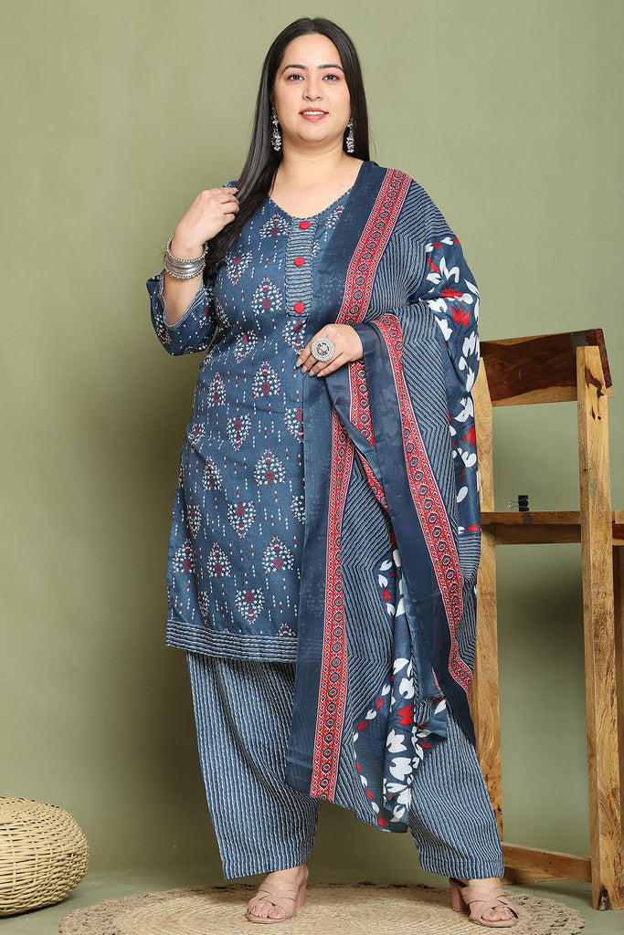 Grey & White Cotton Blend Printed Ready to Wear Patiala Salwar Suit