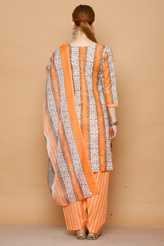 Light Orange & White Cotton Blend Printed Ready to Wear Patiala Salwar Suit