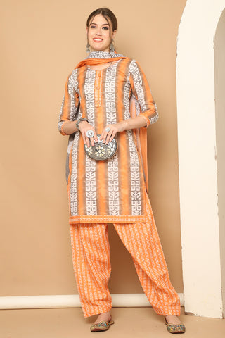 Light Orange & White Cotton Blend Printed Readymade Patiala Salwar Suit