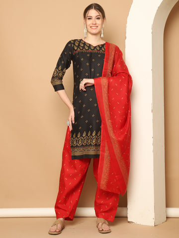 Black Cotton Blend Printed Readymade Patiala Salwar Suit