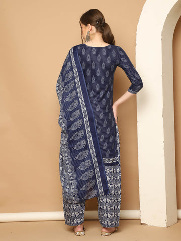 Navy Blue & Grey Cotton Blend Printed Readymade Patiala Salwar Suit