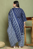 Navy Blue & Grey Cotton Blend Printed Ready to Wear Patiala Salwar Suit