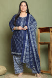 Navy Blue & Grey Cotton Blend Printed Plus Size Ready to Wear Patiala Salwar Suit