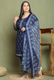 Navy Blue & Grey Cotton Blend Printed Plus Size Ready to Wear Patiala Salwar Suit