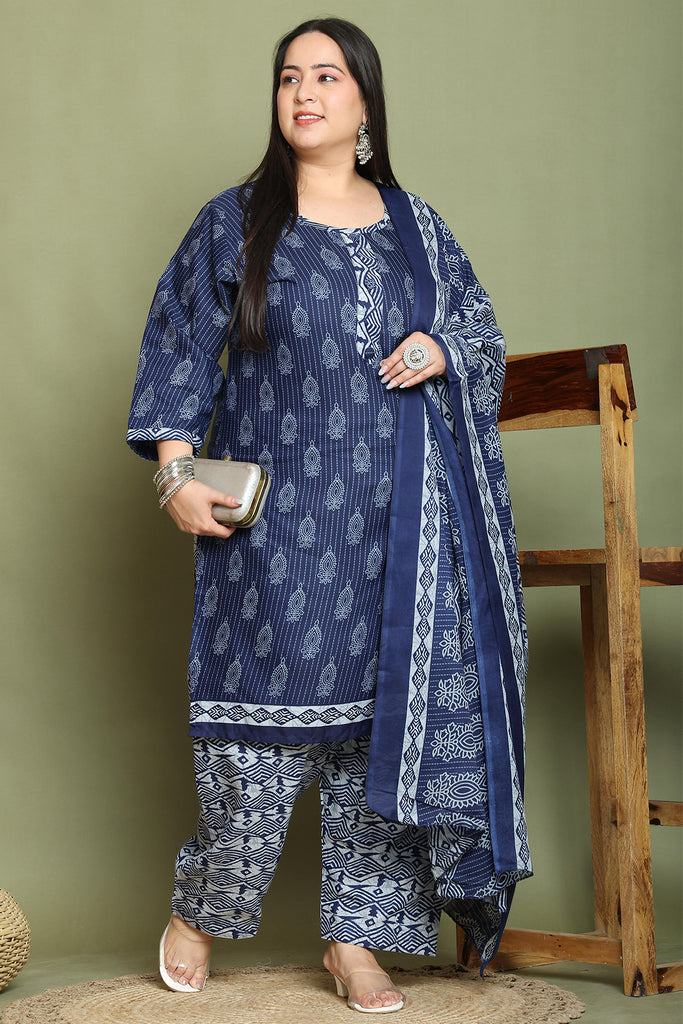 Navy Blue & Grey Cotton Blend Printed Plus Size Ready to Wear Patiala Salwar Suit