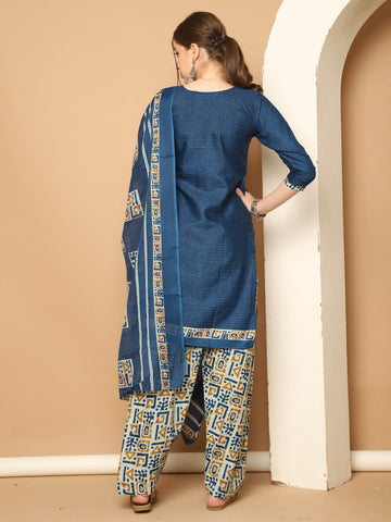 Royal Blue Cotton Blend Printed Readymade Patiala Salwar Suit