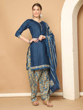 Blue Cotton Blend Printed Ready to Wear Patiala Salwar Suit