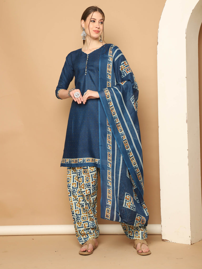 Blue Cotton Blend Printed Ready to Wear Patiala Salwar Suit