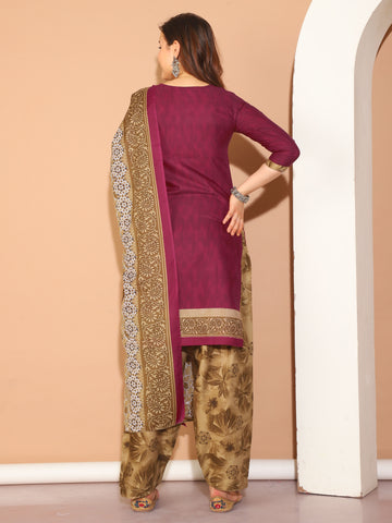 Wine Cotton Blend Printed Readymade Patiala Salwar Suit