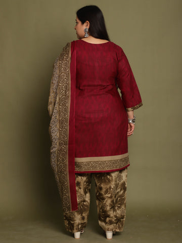 Wine Cotton Blend Printed Ready to Wear Patiala Salwar Suit