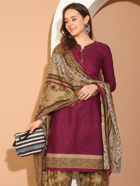 Wine Cotton Blend Printed Readymade Patiala Salwar Suit