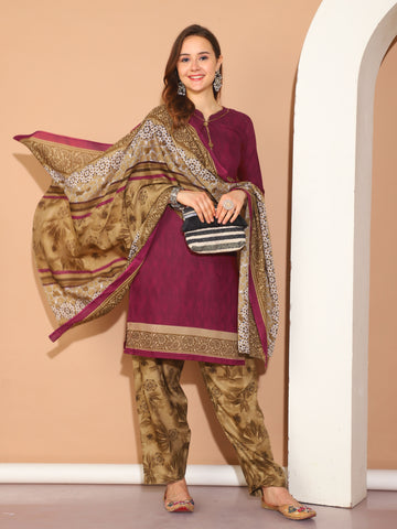 Wine Cotton Blend Printed Readymade Patiala Salwar Suit