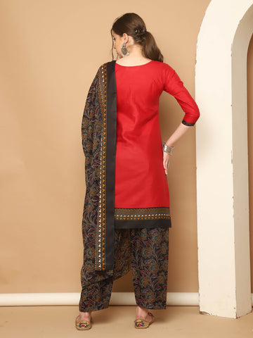 Maroon Cotton Blend Printed Readymade Patiala Salwar Suit