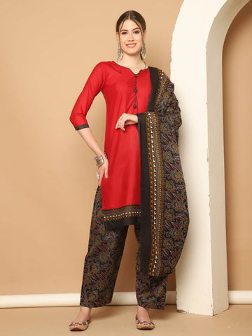 Maroon Cotton Blend Printed Readymade Patiala Salwar Suit