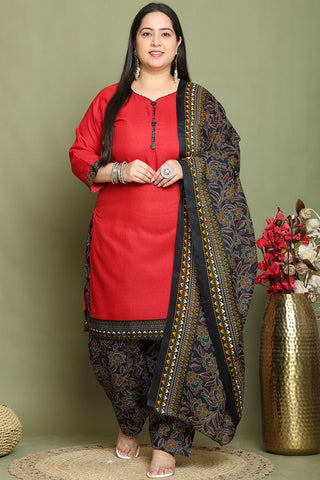 Maroon Cotton Blend Printed Plus Size Ready to Wear Patiala Salwar Suit