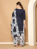 Navy Blue  Cotton Blend Printed Readymade Patiala Salwar Suit