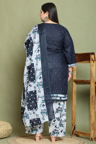 Navy Blue  Cotton Blend Printed Ready to Wear Patiala Salwar Suit