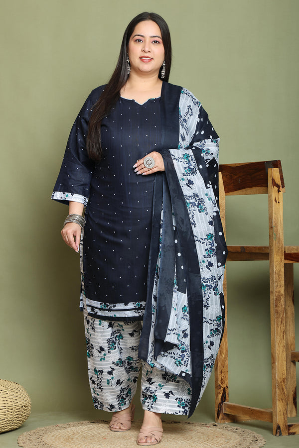 Navy Blue Cotton Blend Printed Plus Size Ready to Wear Patiala Salwar Suit