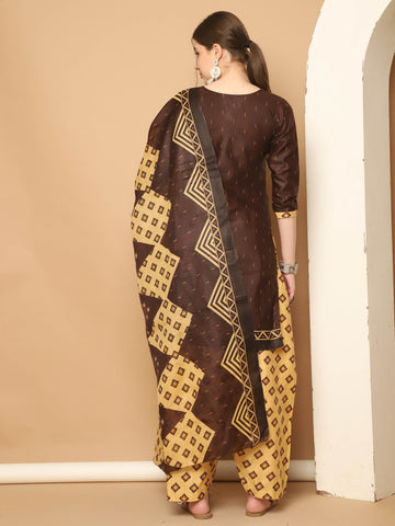 Brown Cotton Blend Printed Readymade Patiala Salwar Suit