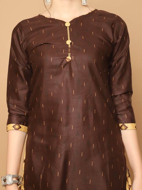 Brown Cotton Blend Printed Readymade Patiala Salwar Suit