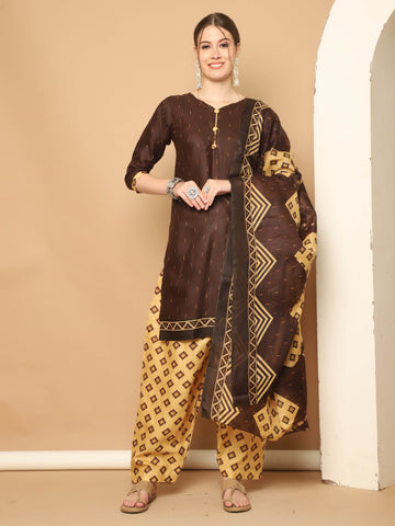 Brown Cotton Blend Printed Readymade Patiala Salwar Suit