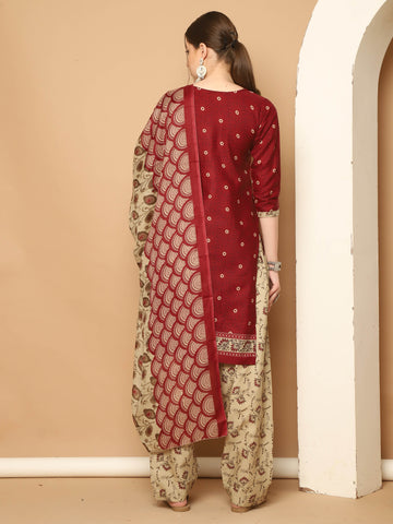 Maroon Cotton Blend Printed Ready to Wear Patiala Salwar Suit