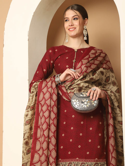 Maroon Cotton Blend Printed Readymade Patiala Salwar Suit
