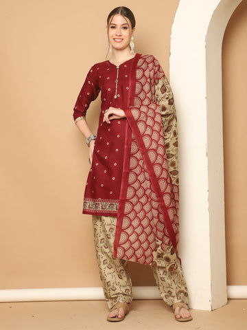 Maroon Cotton Blend Printed Ready to Wear Patiala Salwar Suit