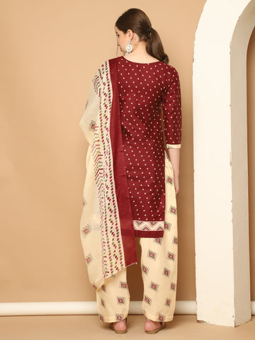 Maroon Cotton Blend Printed Readymade Patiala Salwar Suit