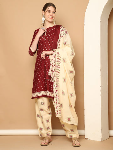 Maroon Cotton Blend Printed Readymade Patiala Salwar Suit