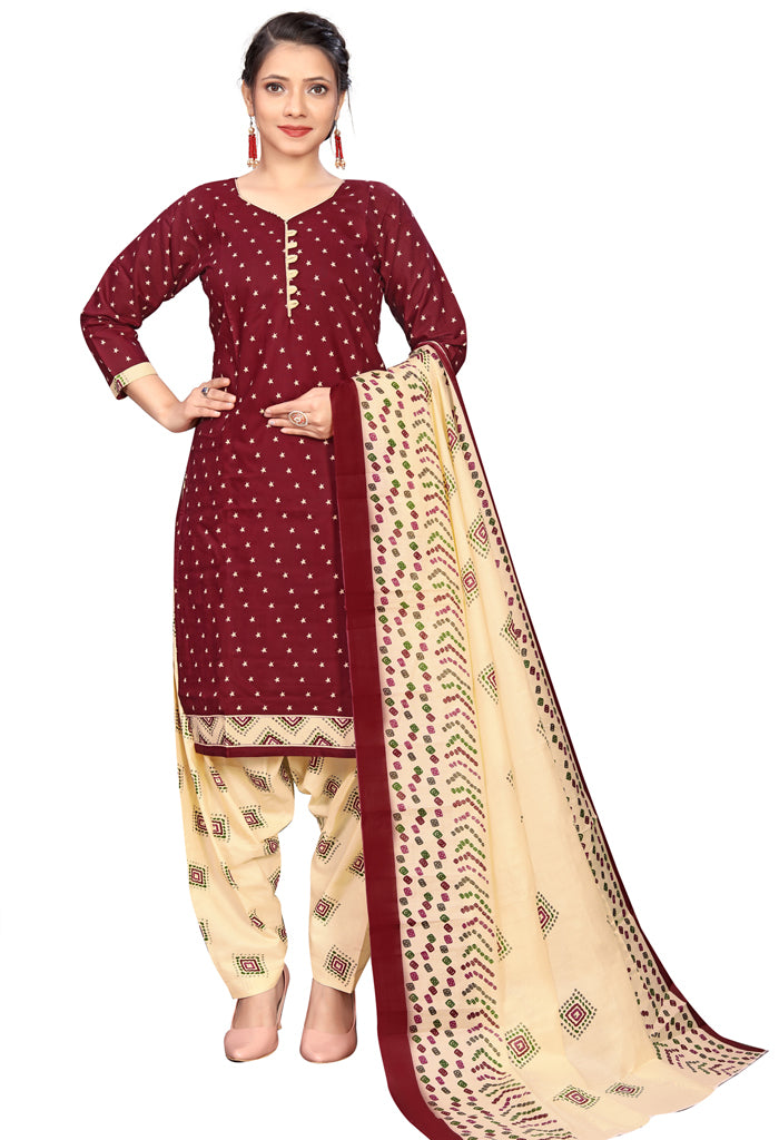 Maroon Cotton Blend Printed Readymade Patiala Salwar Suit