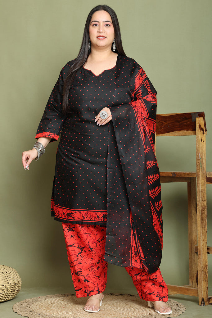 Black Cotton Blend Printed Plus Size Ready to Wear Patiala Salwar Suit