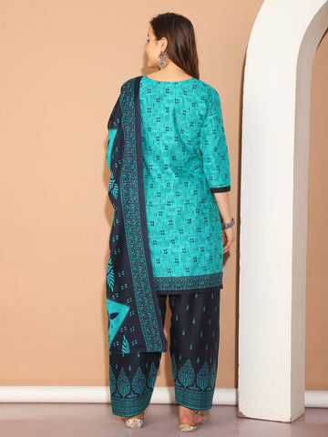 Rama Green Cotton Blend Printed Ready to Wear Patiala Salwar Suit