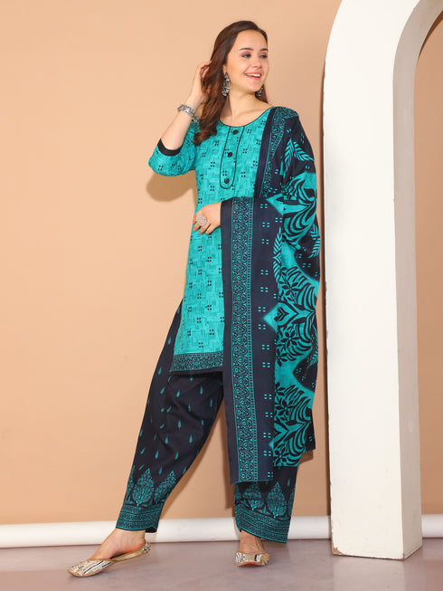 Rama Green Cotton Blend Printed Plus Size Ready to Wear Patiala Salwar Suit