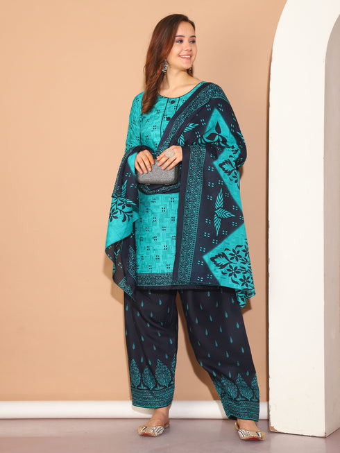 Rama Green Cotton Blend Printed Plus Size Ready to Wear Patiala Salwar Suit