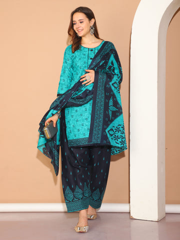 Rama Green Cotton Blend Printed Ready to Wear Patiala Salwar Suit