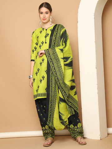 Neon Yellow Cotton Blend Printed Readymade Patiala Salwar Suit