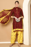 Maroon Cotton Blend Printed Readymade Patiala Salwar Suit