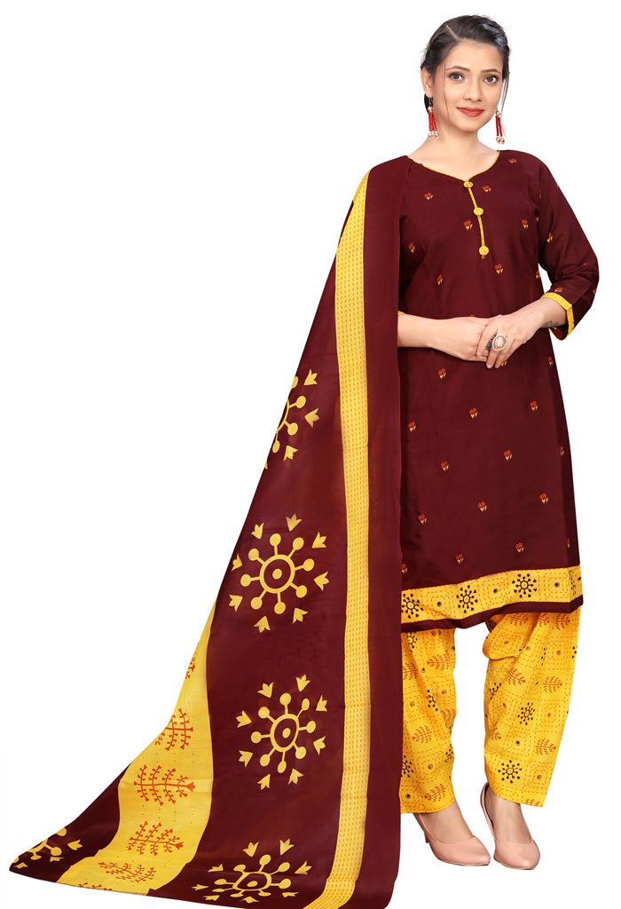 Maroon Cotton Blend Printed Readymade Patiala Salwar Suit