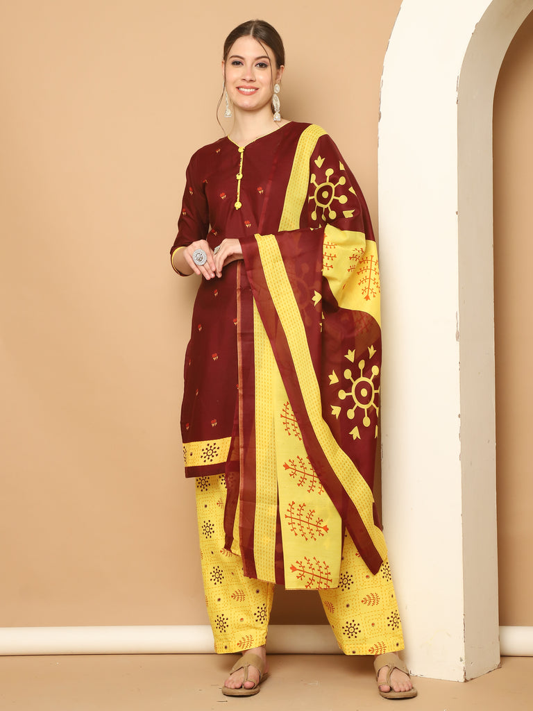 Maroon Cotton Blend Printed Readymade Patiala Salwar Suit