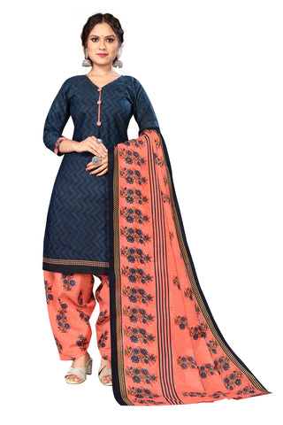 Blue Cotton Blend Printed Ready to Wear Patiala Salwar Suit