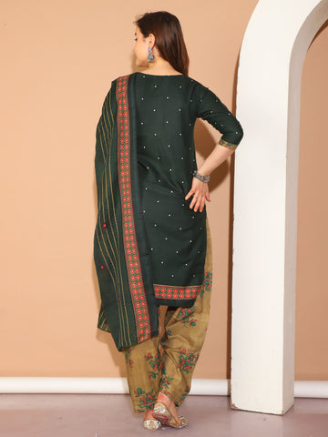 Green Cotton Blend Printed Readymade Patiala Salwar Suit