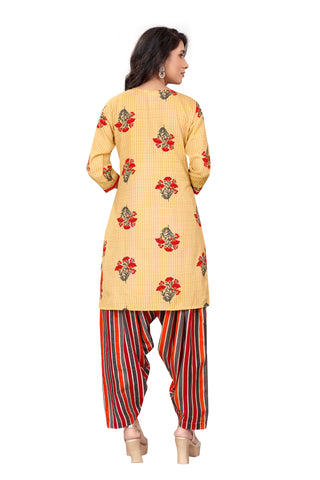 Cream Cotton Blend Printed Ready to Wear Patiala Salwar Suit