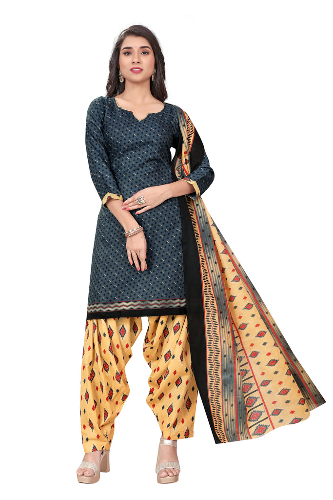 Grey Cotton Blend Printed Ready to Wear Patiala Salwar Suit