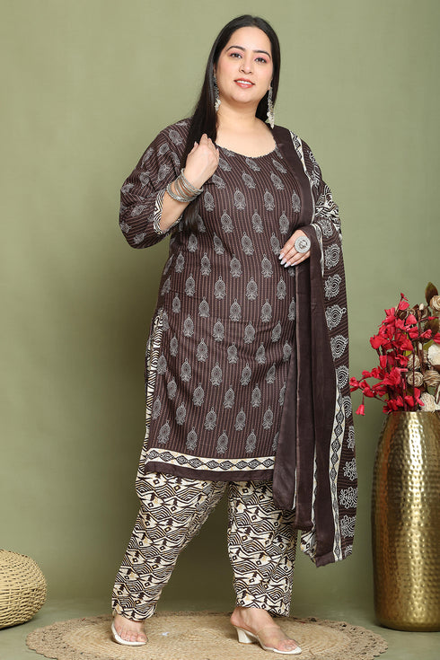Brown Cotton Blend Printed Plus Size Ready to Wear Patiala Salwar Suit
