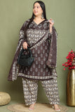 Brown Cotton Blend Printed Plus Size Ready to Wear Patiala Salwar Suit