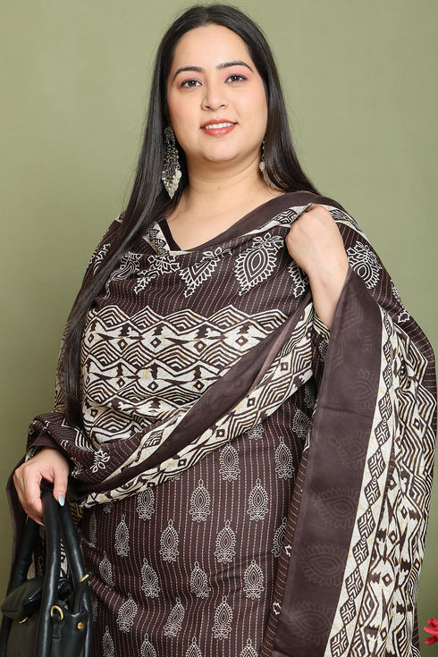 Brown Cotton Blend Printed Plus Size Ready to Wear Patiala Salwar Suit