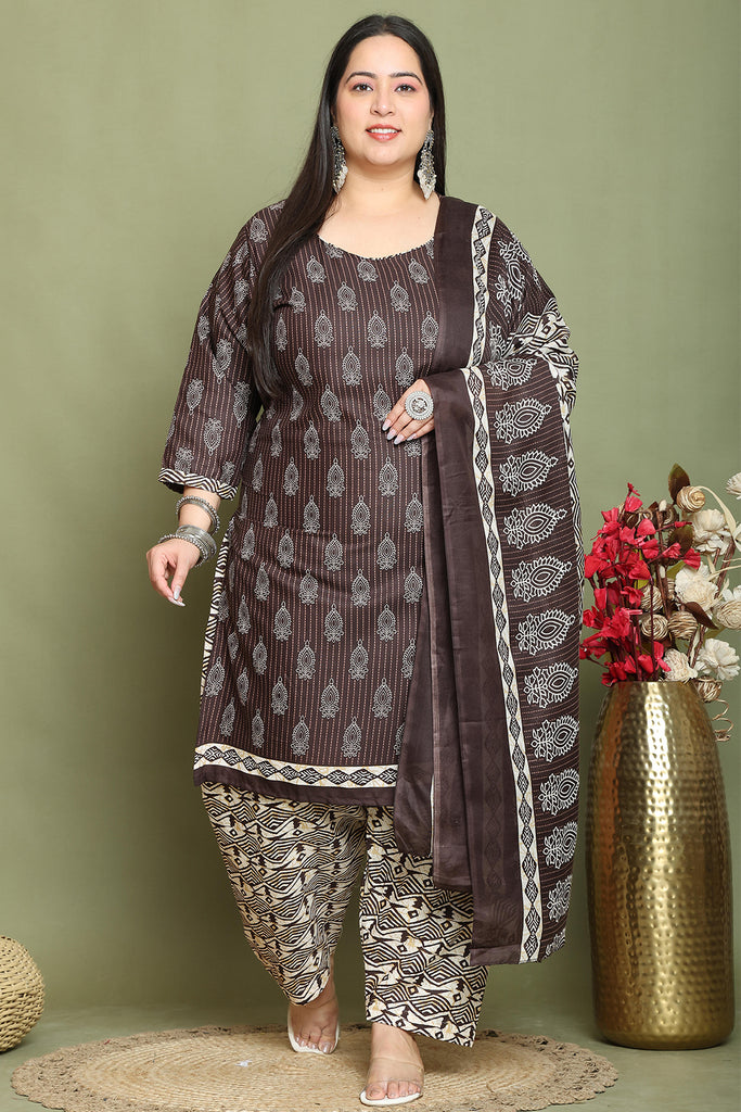 Brown Cotton Blend Printed Plus Size Ready to Wear Patiala Salwar Suit