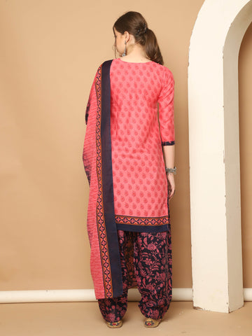 Gajari Pink Cotton Blend Printed Readymade Patiala Salwar Suit