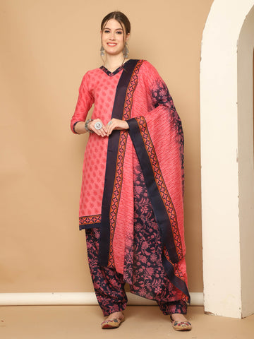 Gajari Pink Cotton Blend Printed Readymade Patiala Salwar Suit